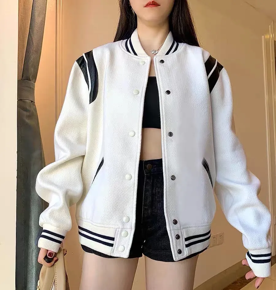 2023 autumn and winter new American baseball uniform 90 wool material black and white contrast color patchwork design jacket