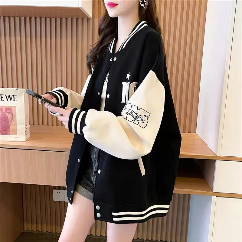 2023 new early autumn chic baseball uniform cardigan for women Korean style loose lazy style casual sports style top jacket (J02