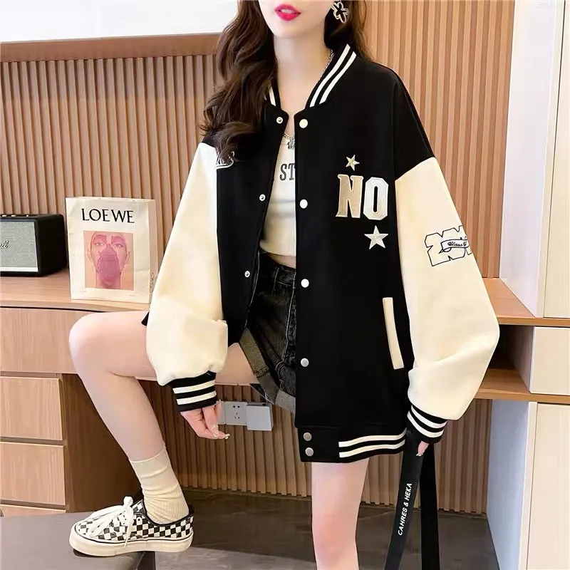 2023 new early autumn chic baseball uniform cardigan for women Korean style loose lazy style casual sports style top jacket (J02