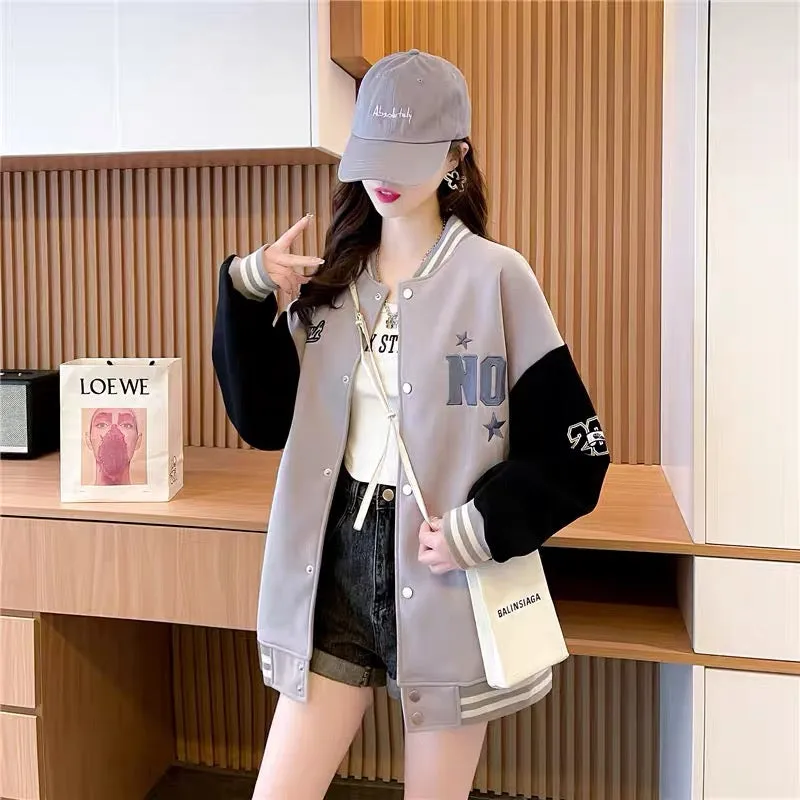 2023 new early autumn chic baseball uniform cardigan for women Korean style loose lazy style casual sports style top jacket (J02