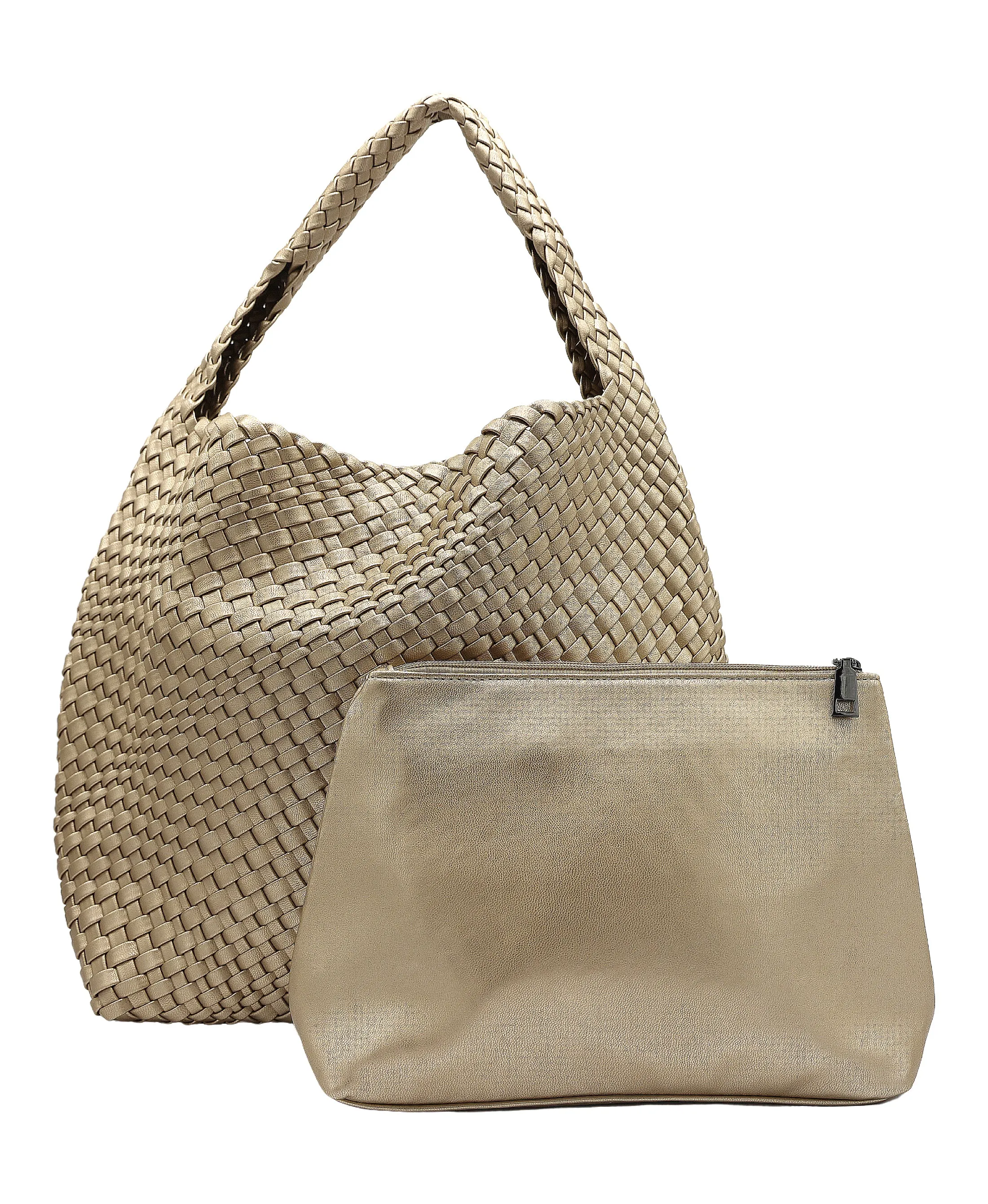 2in1 Woven Faux Leather Shoulder Bag