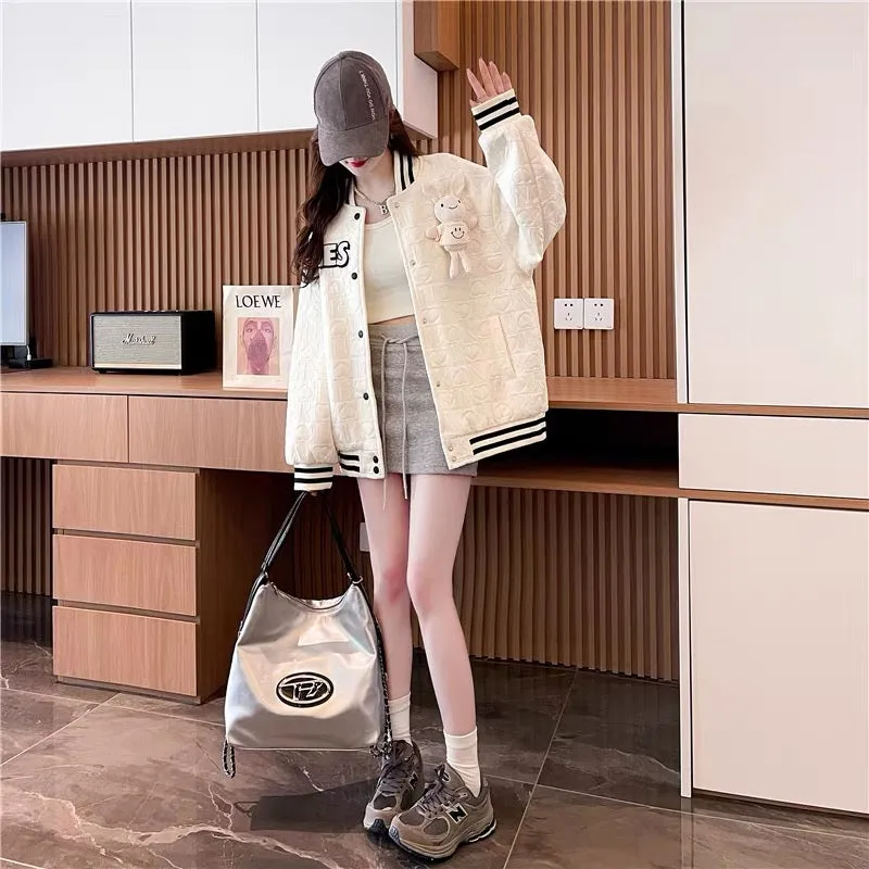 Age-reducing cartoon design baseball uniform jacket for women 2023 new autumn style Korean style loose and versatile cardigan (J