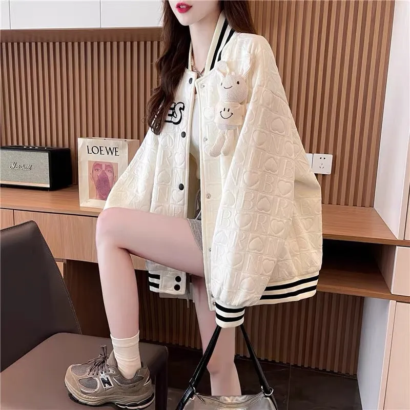 Age-reducing cartoon design baseball uniform jacket for women 2023 new autumn style Korean style loose and versatile cardigan (J