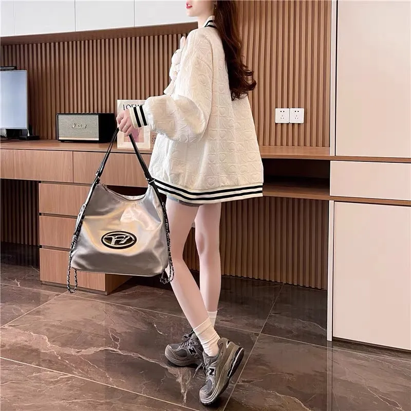 Age-reducing cartoon design baseball uniform jacket for women 2023 new autumn style Korean style loose and versatile cardigan (J