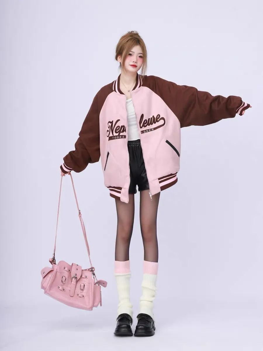 American retro high street raglan sleeves spliced pink suede baseball jacket women's spring and autumn loose heavyweight jacket 