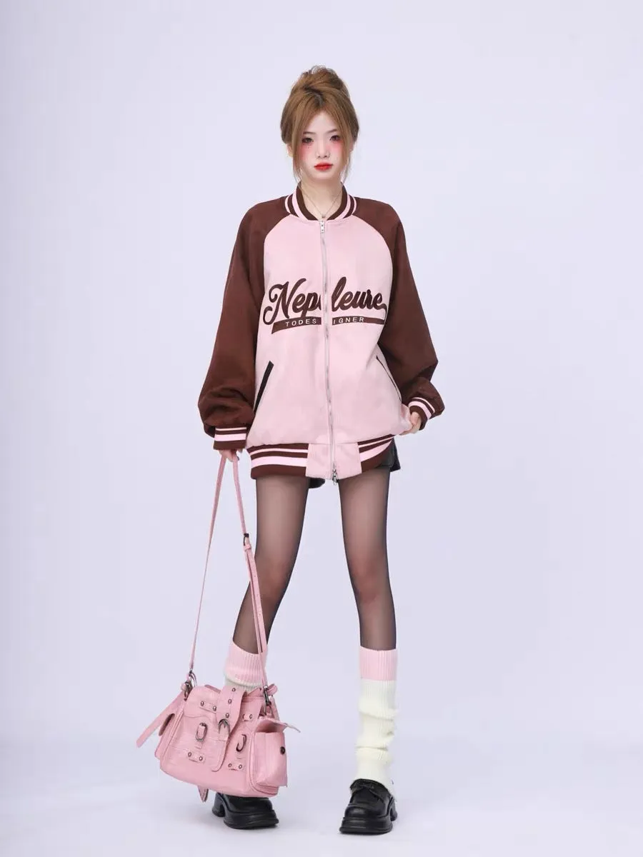 American retro high street raglan sleeves spliced pink suede baseball jacket women's spring and autumn loose heavyweight jacket 