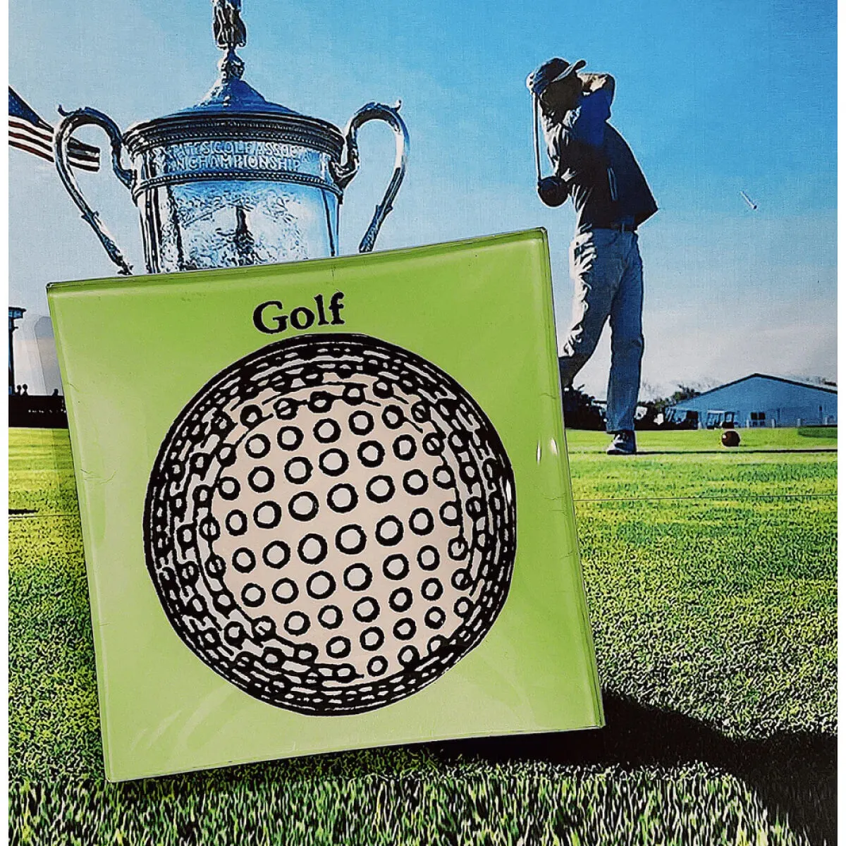 ----------Ben's Garden Hole In One Golf Ball Decoupage Glass Tray---------