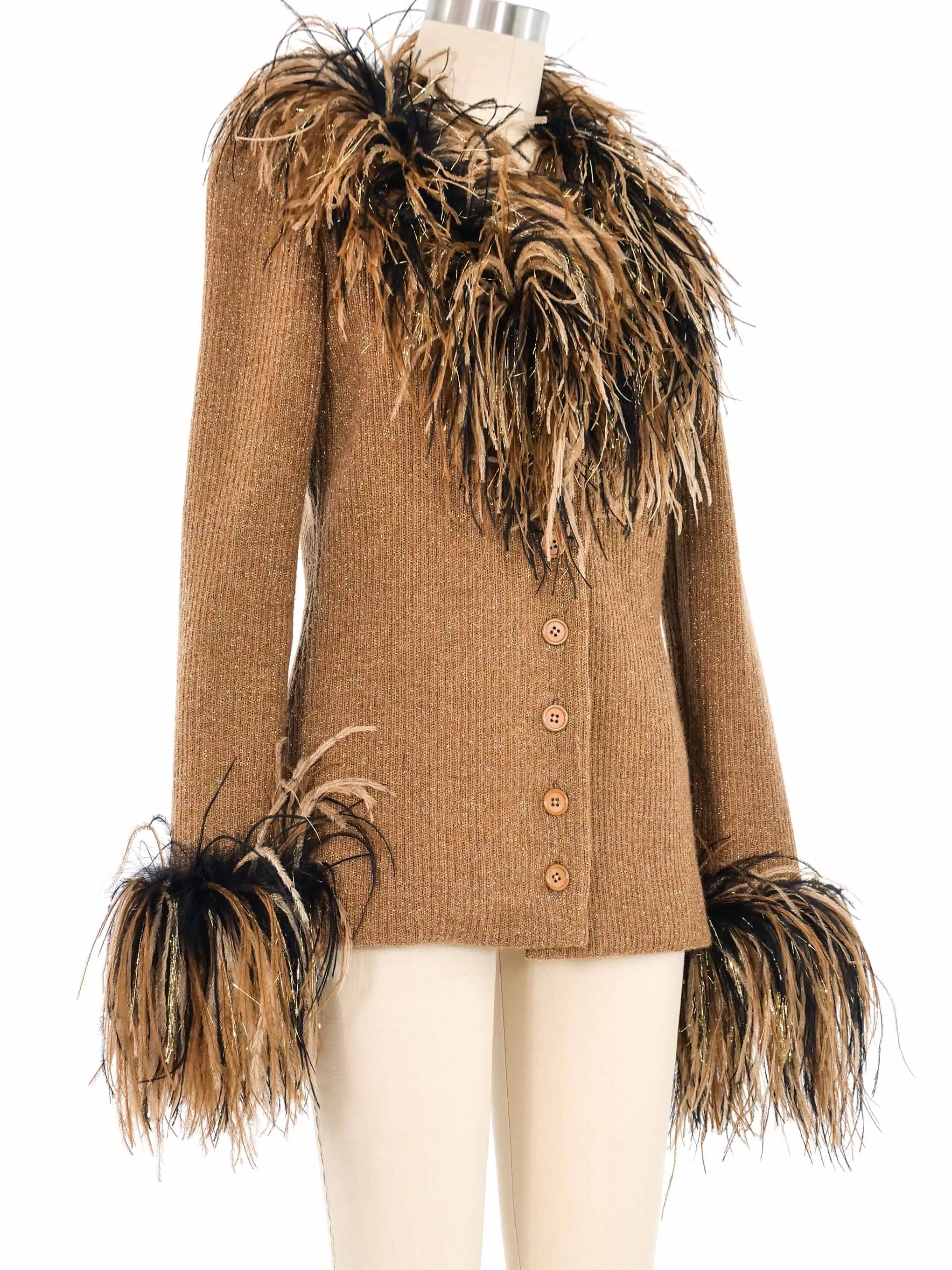 Bill Blass Feather Trimmed Metallic Cardigan