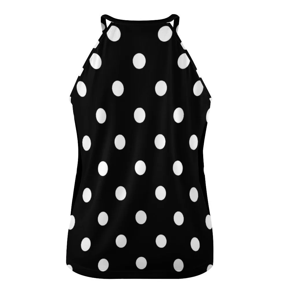 Black With White Polka Dots Women's Round-Neck Vest Tank Top