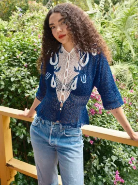 Blue Peplum Crochet Cardigan