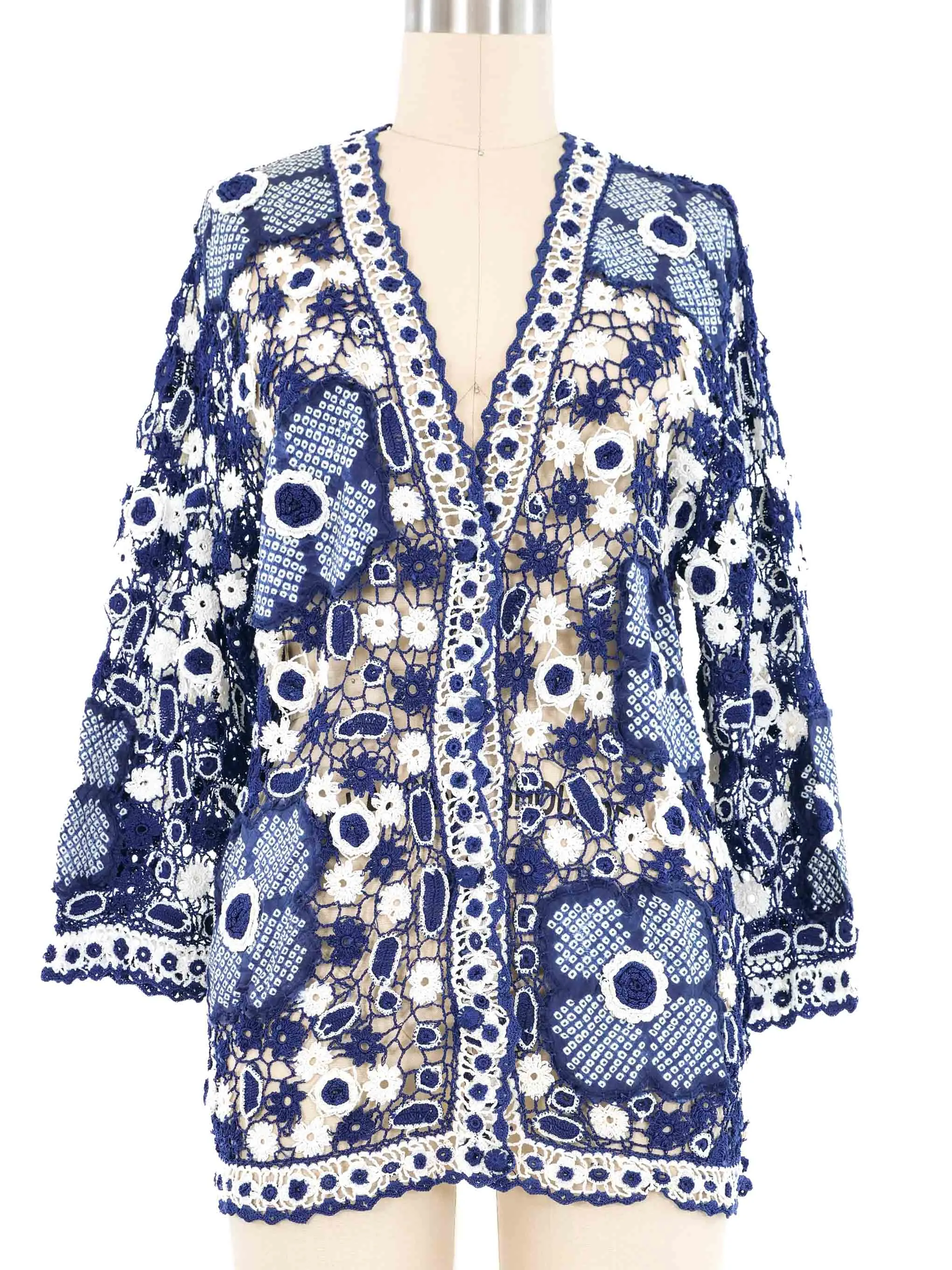 Blue Shibori Applique Crochet Cardigan