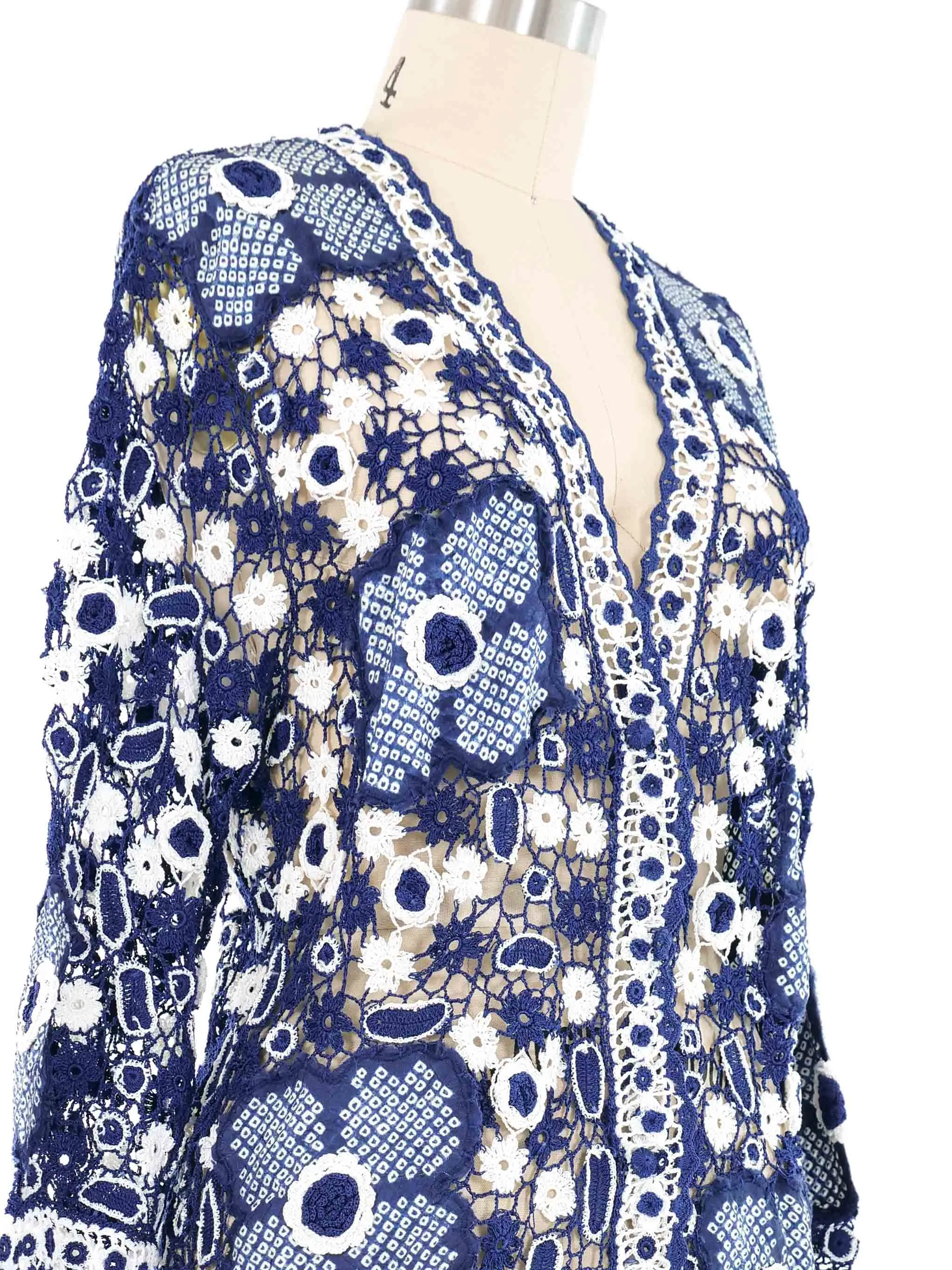 Blue Shibori Applique Crochet Cardigan