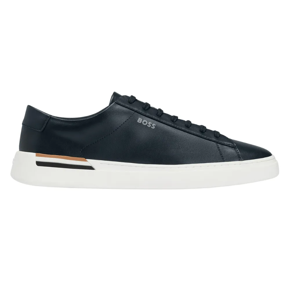 BOSS CLINT DARK BLUE CUPSOLE TRAINERS WITH SIGNATURE STRIPE | Menswear Online