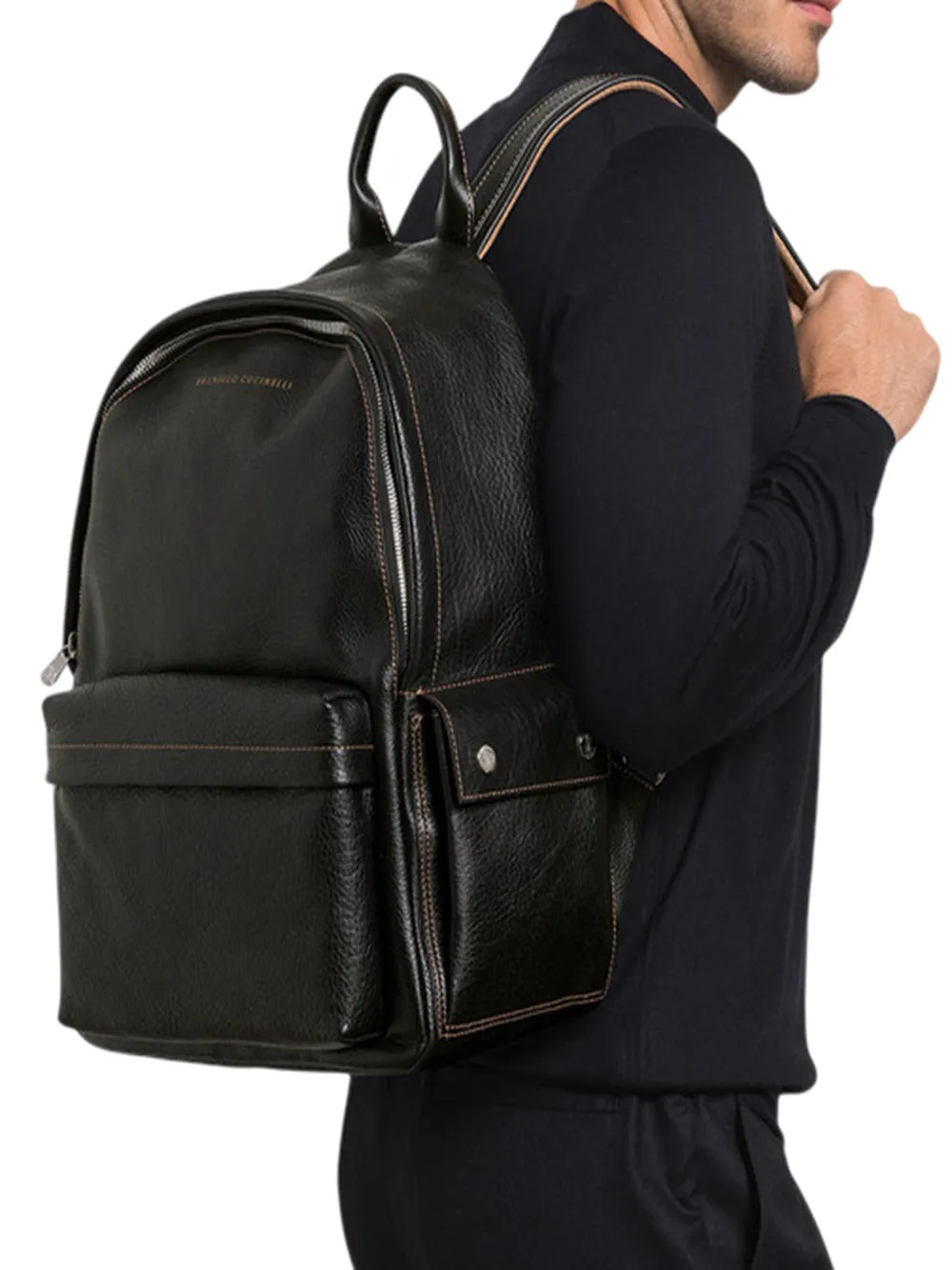 Brunello Cucinelli Black Leather Backpack With Logo