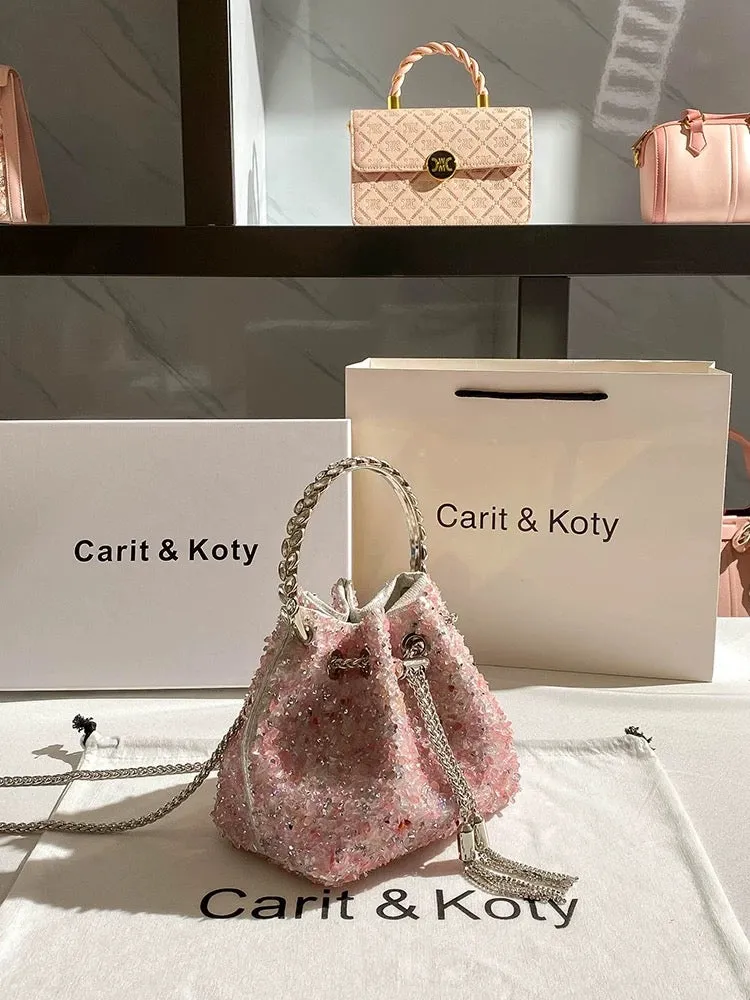 Carit Koty Light Luxury Niche Dinner Bucket Bag 2023 New French Crystal Diamond Handbag Crossbody