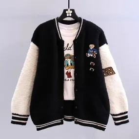 Cartoon sherpa color-blocked sweater jacket for women autumn and winter 2023 new baseball uniform loose outer wear knitted cardi