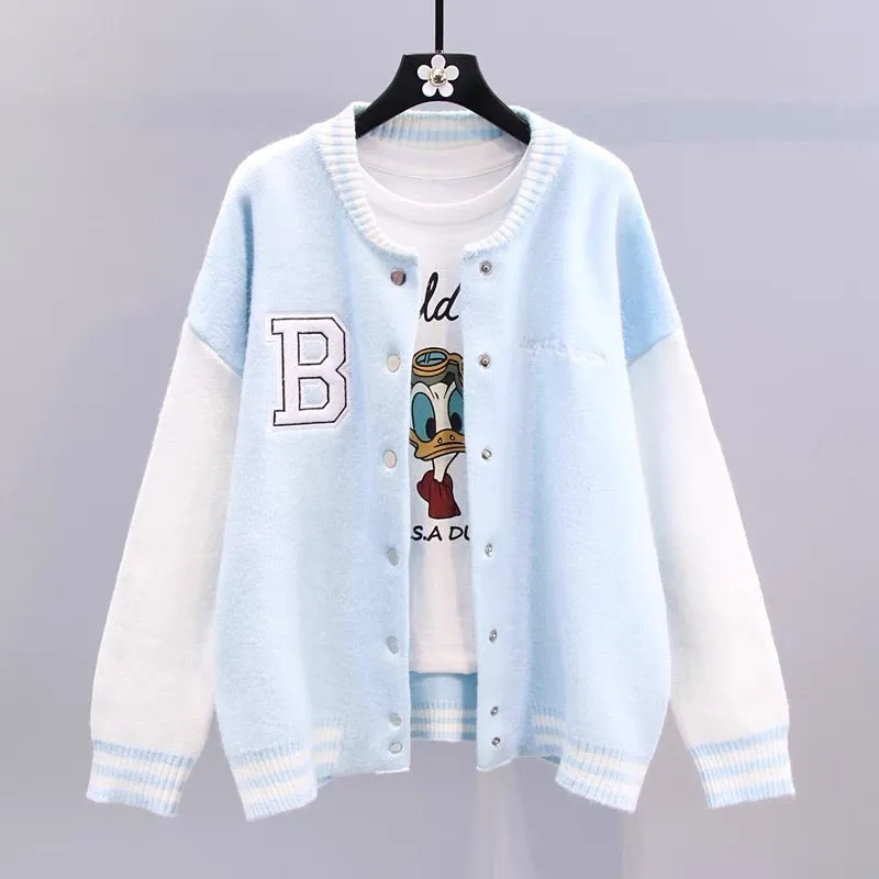 Color block letter baseball uniform sweater jacket for women autumn and winter 2023 new loose college style casual knitted cardi