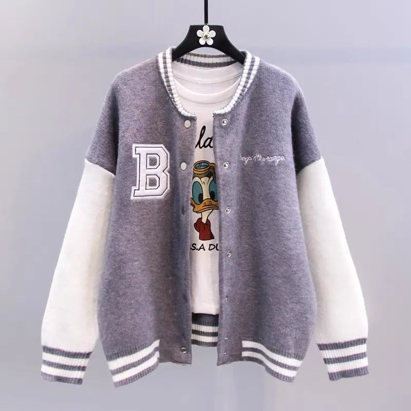 Color block letter baseball uniform sweater jacket for women autumn and winter 2023 new loose college style casual knitted cardi