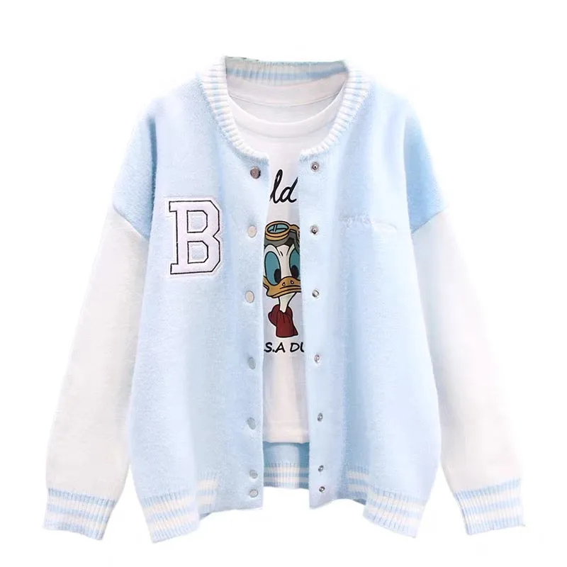 Color block letter baseball uniform sweater jacket for women autumn and winter 2023 new loose college style casual knitted cardi