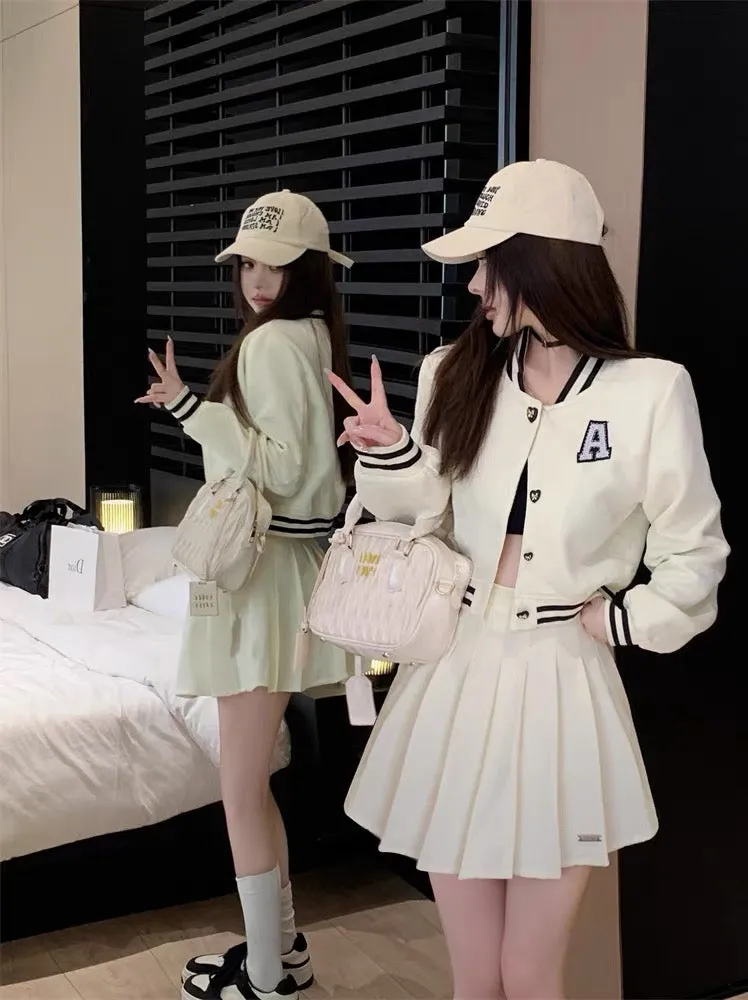 Contrast color striped baseball uniform jacket top women's autumn hot girl suit high waist pleated jk skirt skirt two-piece set