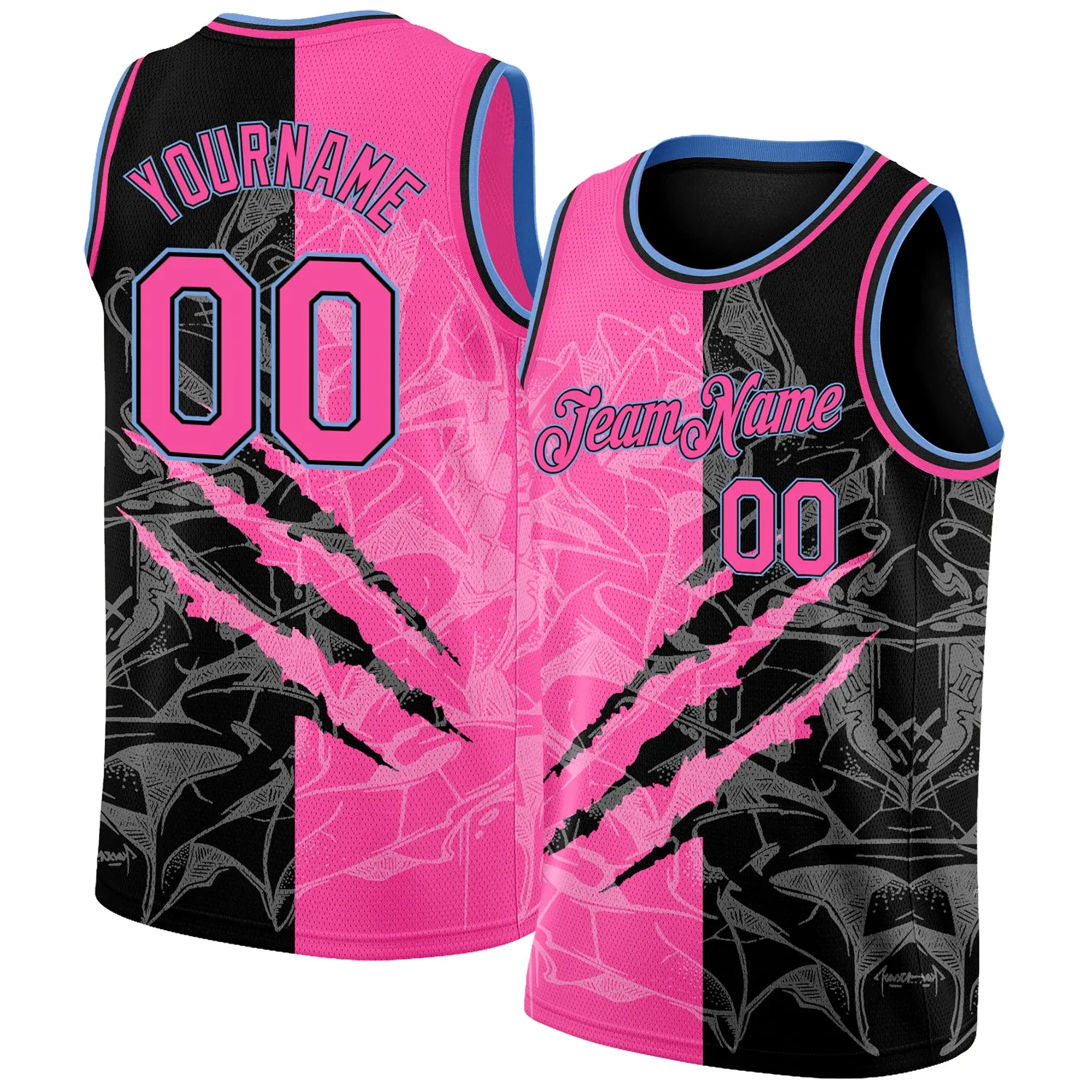 Custom Graffiti Pattern Pink Black-Light Blue 3D Scratch Authentic Basketball Jersey