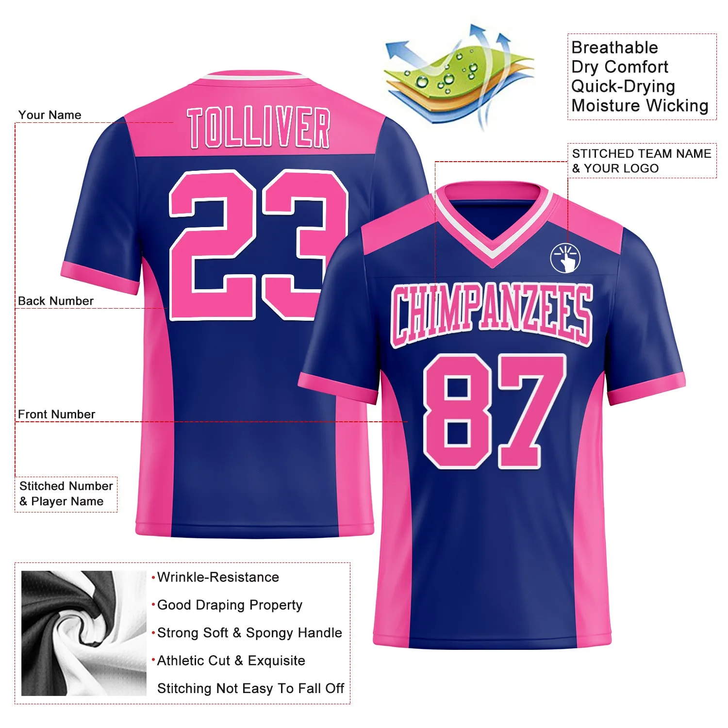 Custom Royal Pink-White Mesh Authentic Football Jersey