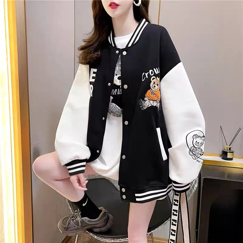 Designed baseball uniform cardigan for women 2023 early autumn new American style loose lazy style versatile oversize jacket (J0