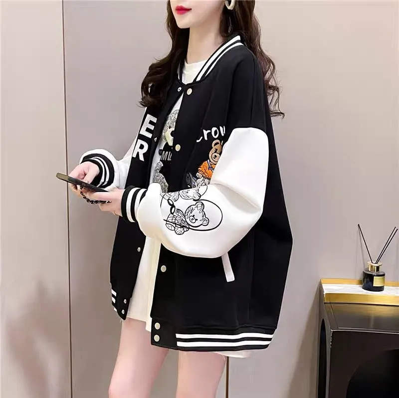 Designed baseball uniform cardigan for women 2023 early autumn new American style loose lazy style versatile oversize jacket (J0