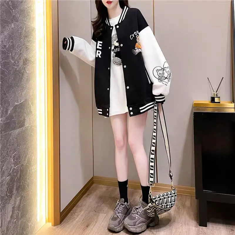 Designed baseball uniform cardigan for women 2023 early autumn new American style loose lazy style versatile oversize jacket (J0