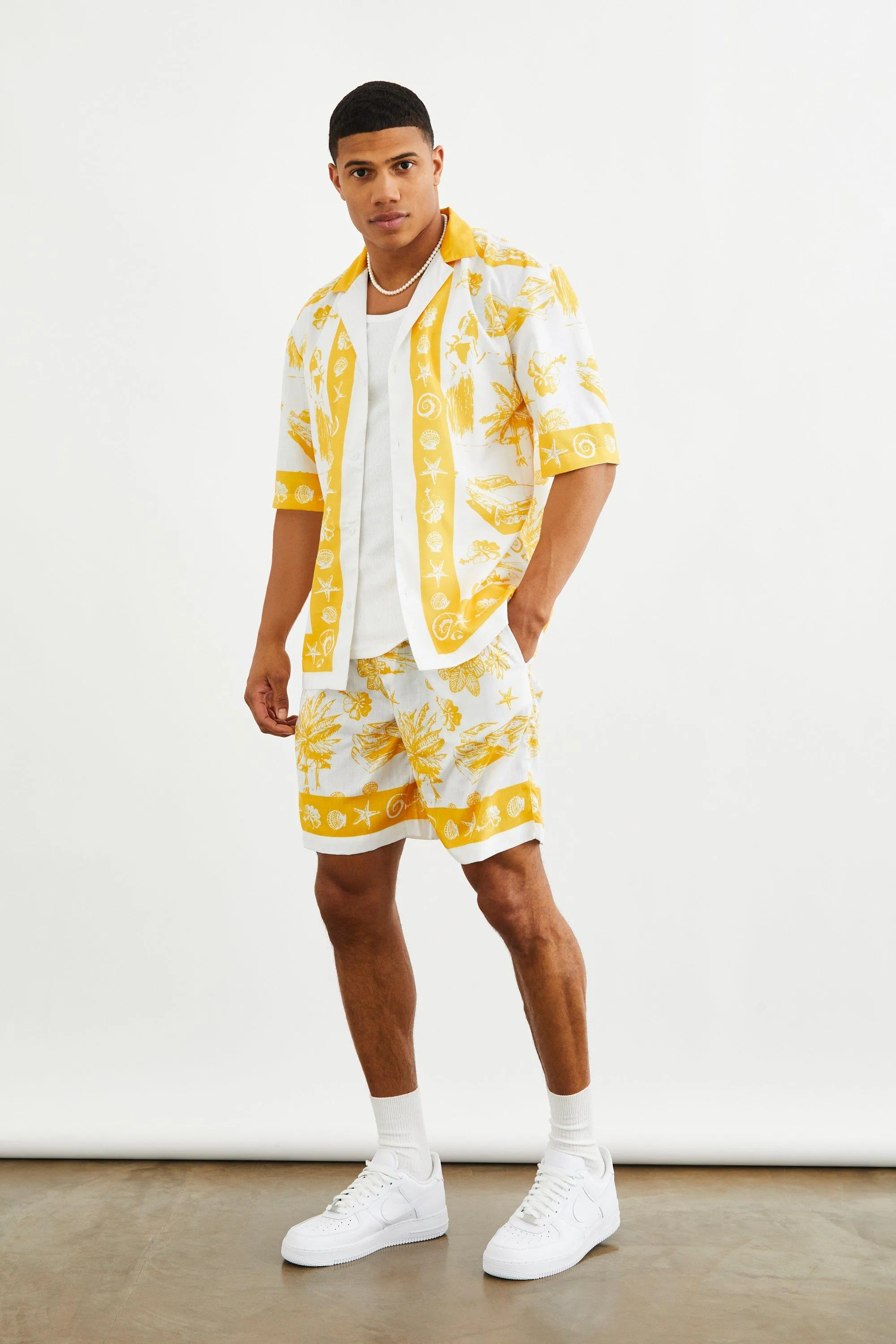 Dropped Revere Graphic Slub Shirt And Basketball Short Set | boohooMAN UK