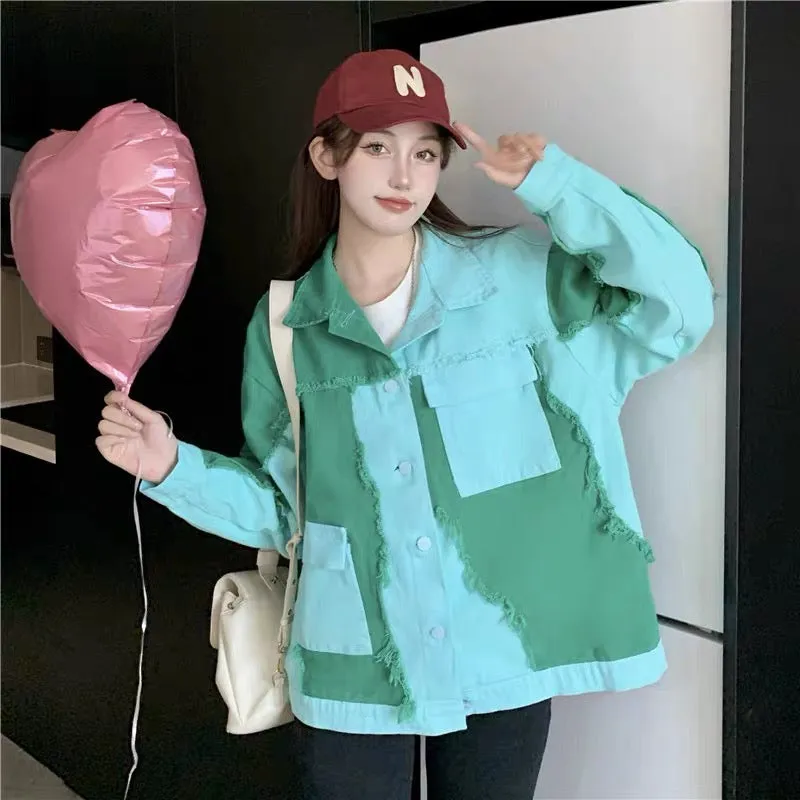 Early autumn short patchwork jacket baseball jacket denim jacket for women spring and autumn tops 2023 new hot style (J0891)