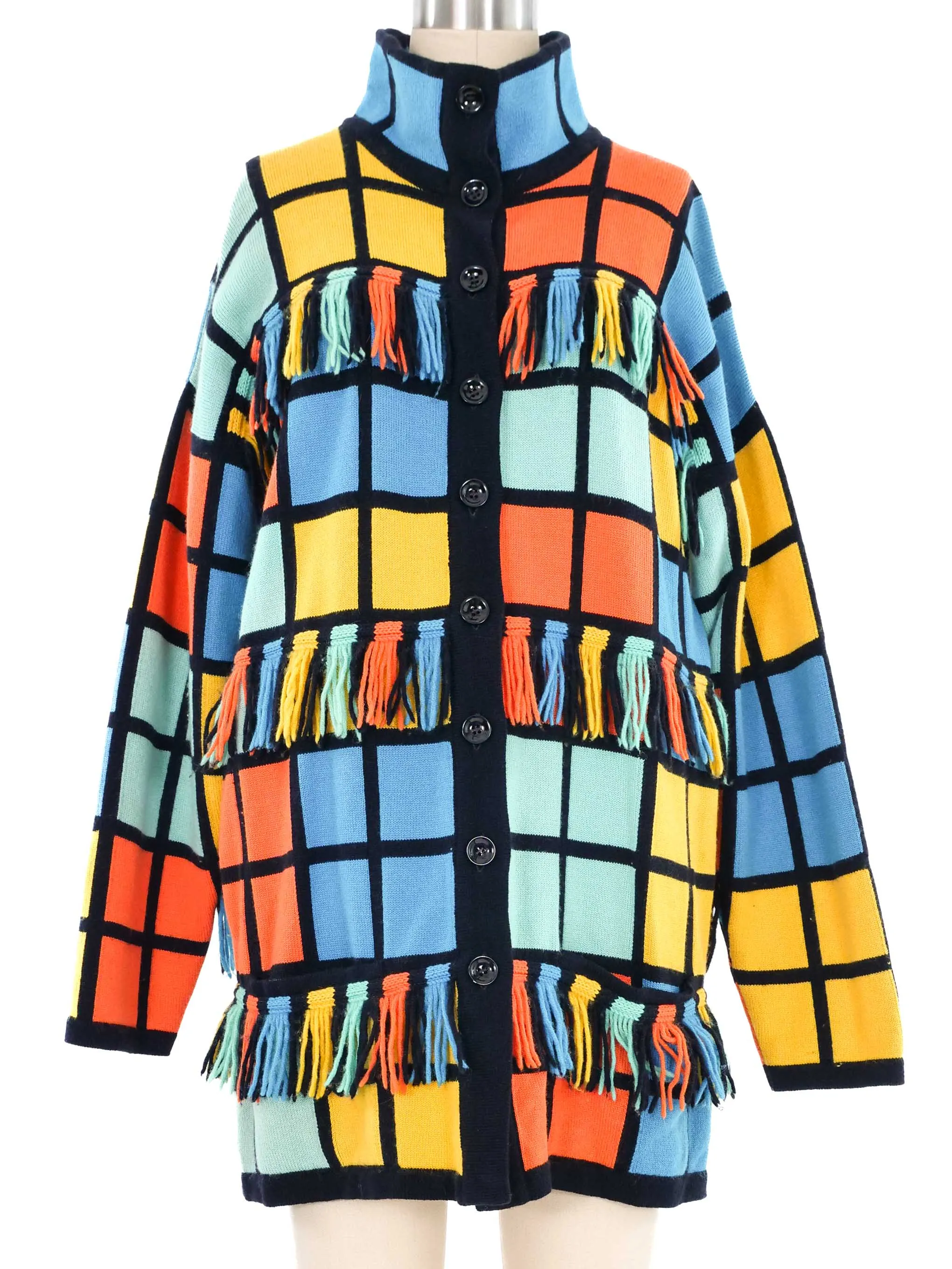 Escada Fringed Colorblock Windowpane Cardigan