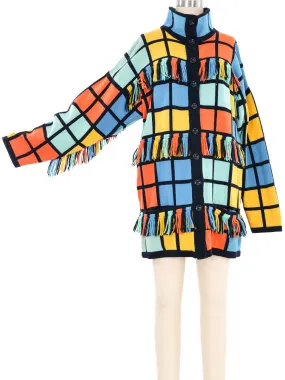 Escada Fringed Colorblock Windowpane Cardigan