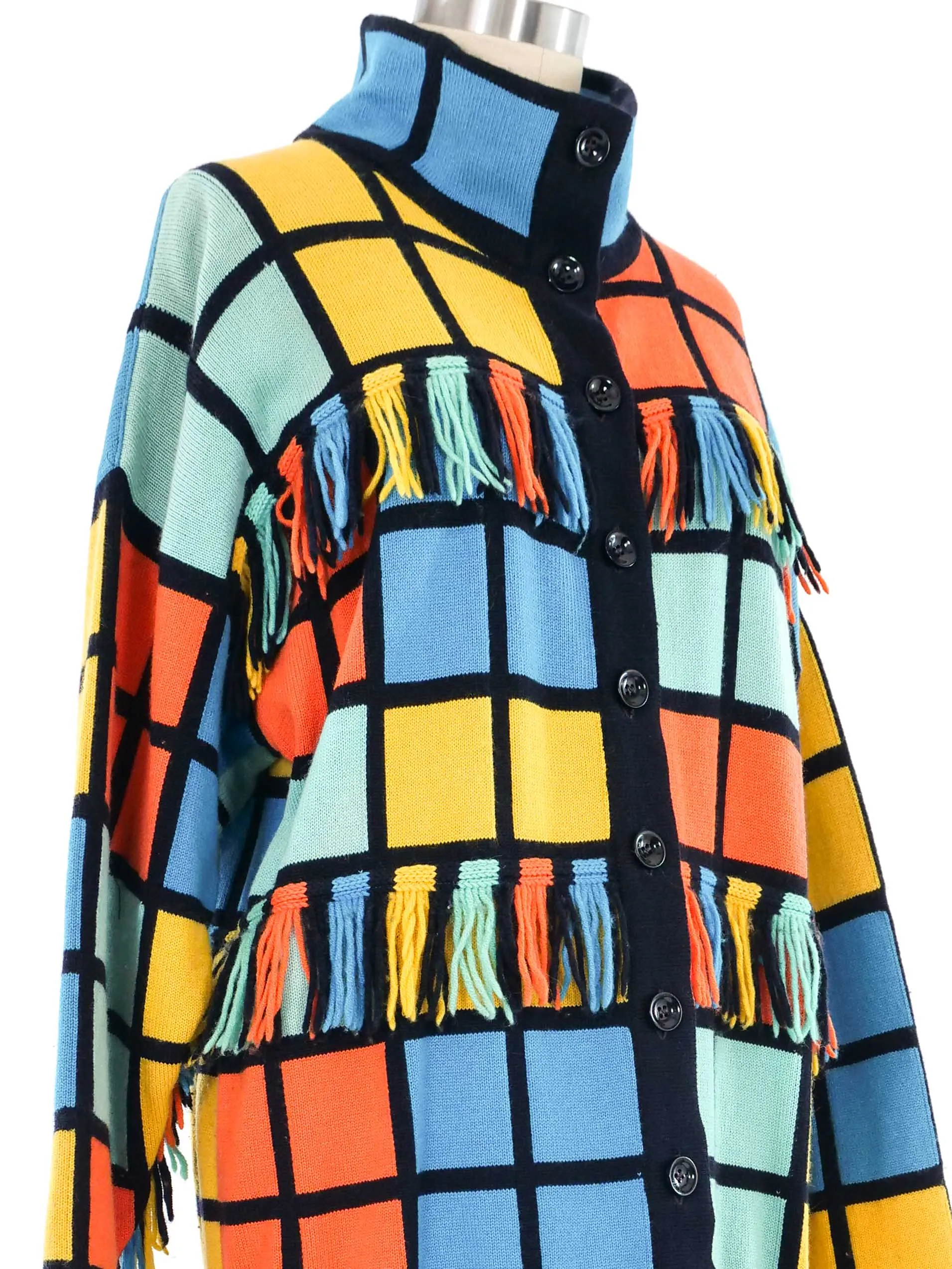 Escada Fringed Colorblock Windowpane Cardigan