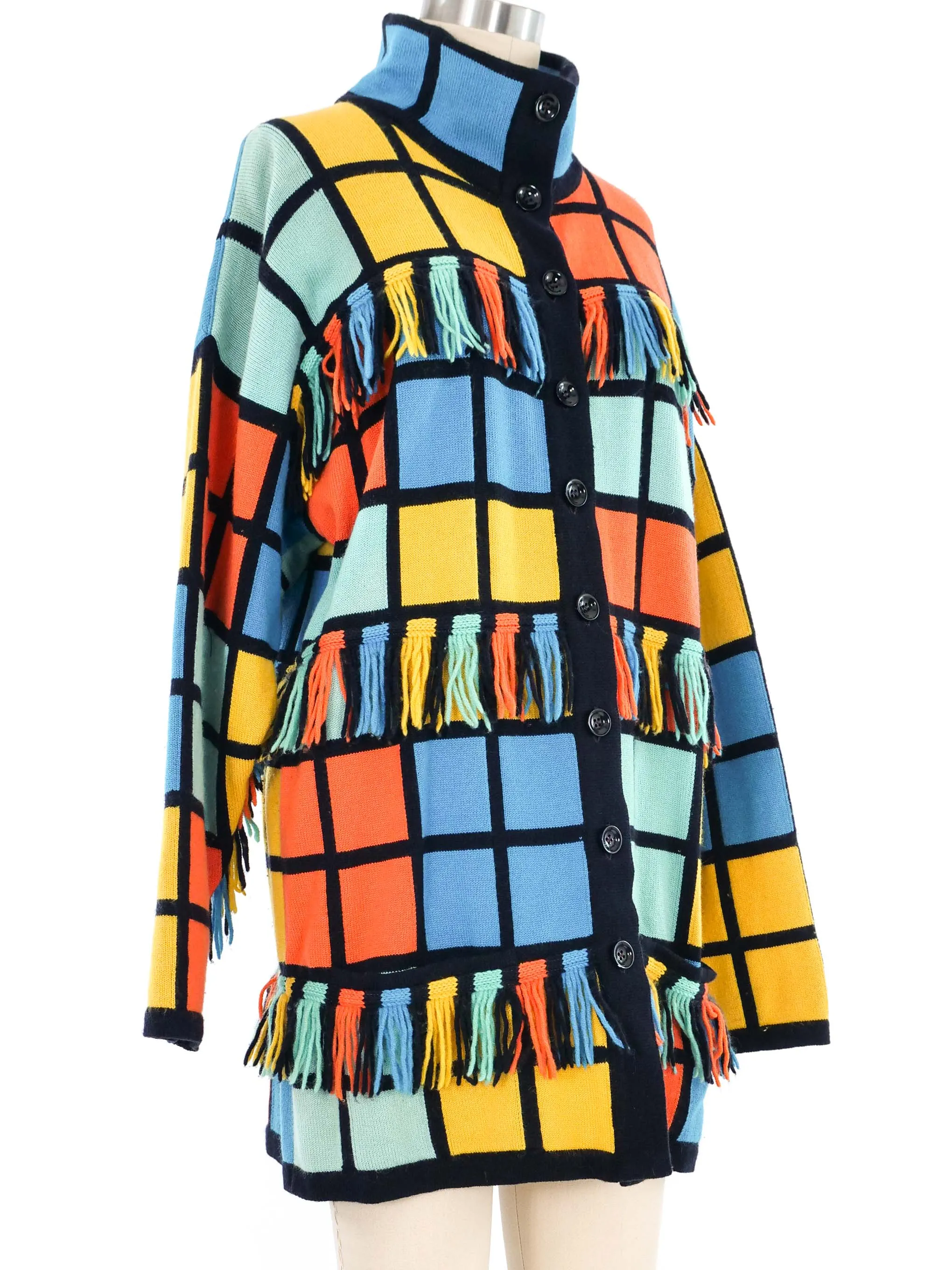 Escada Fringed Colorblock Windowpane Cardigan