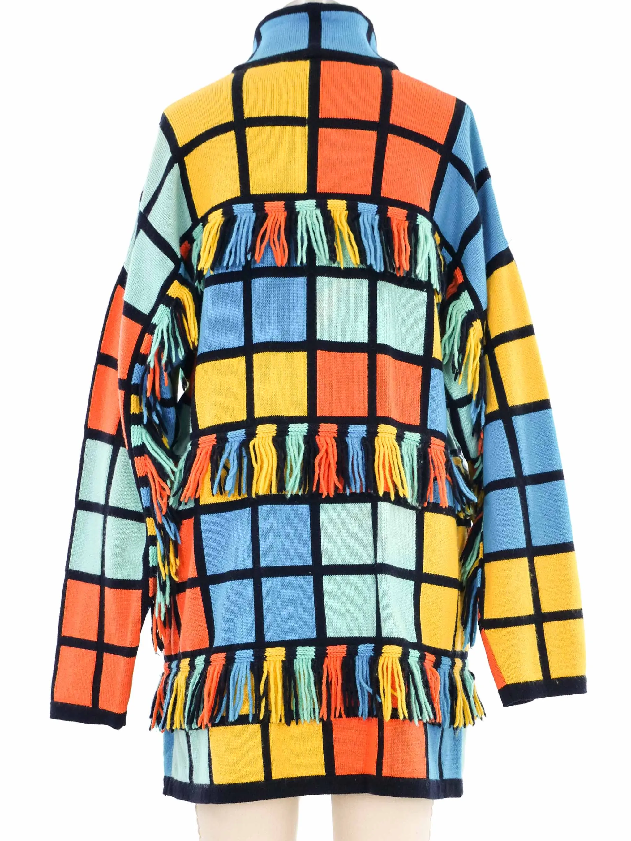 Escada Fringed Colorblock Windowpane Cardigan