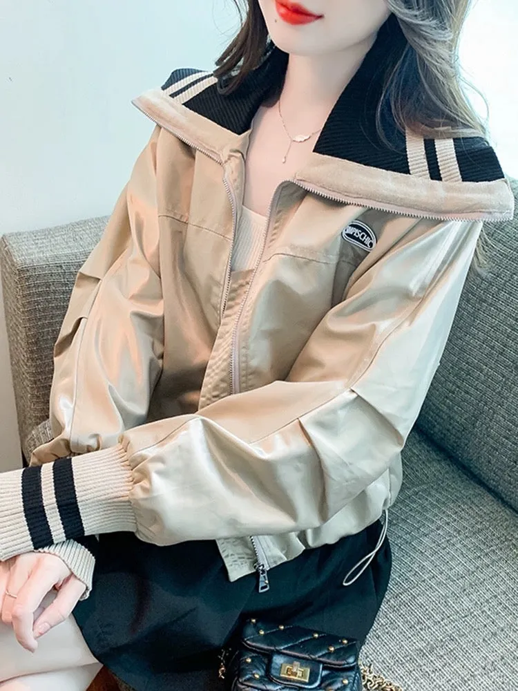 Fashionable navy collar baseball uniform jacket for women spring and winter 2024 winter new style loose slimming jacket top