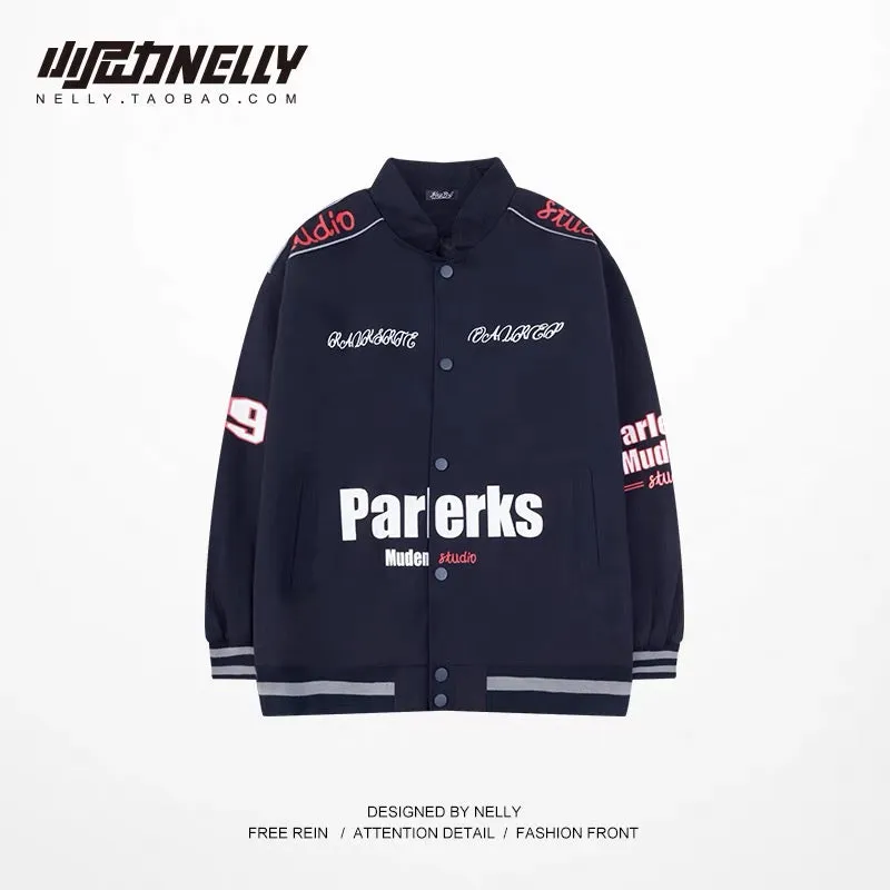 Korea 2023 Spring and Autumn Men and Women Korean Letter Embroidery Loose Motorcycle Work Jacket Baseball Jacket BF Style