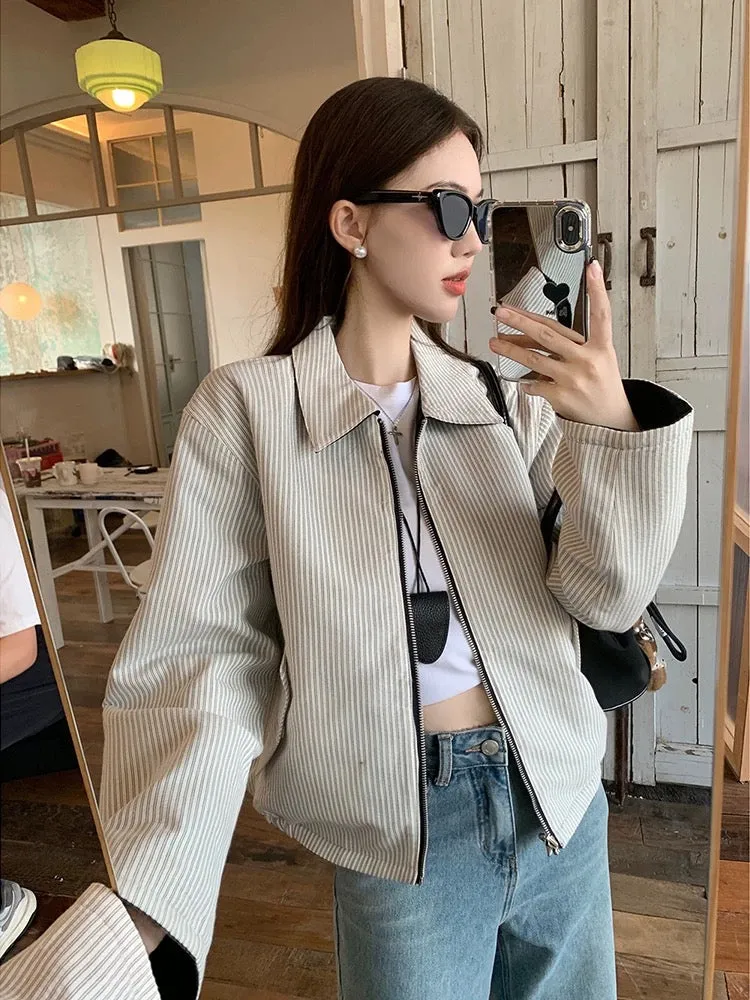 Korean double-sided retro striped long-sleeved jacket for women early autumn new niche loose jacket short baseball uniform trend