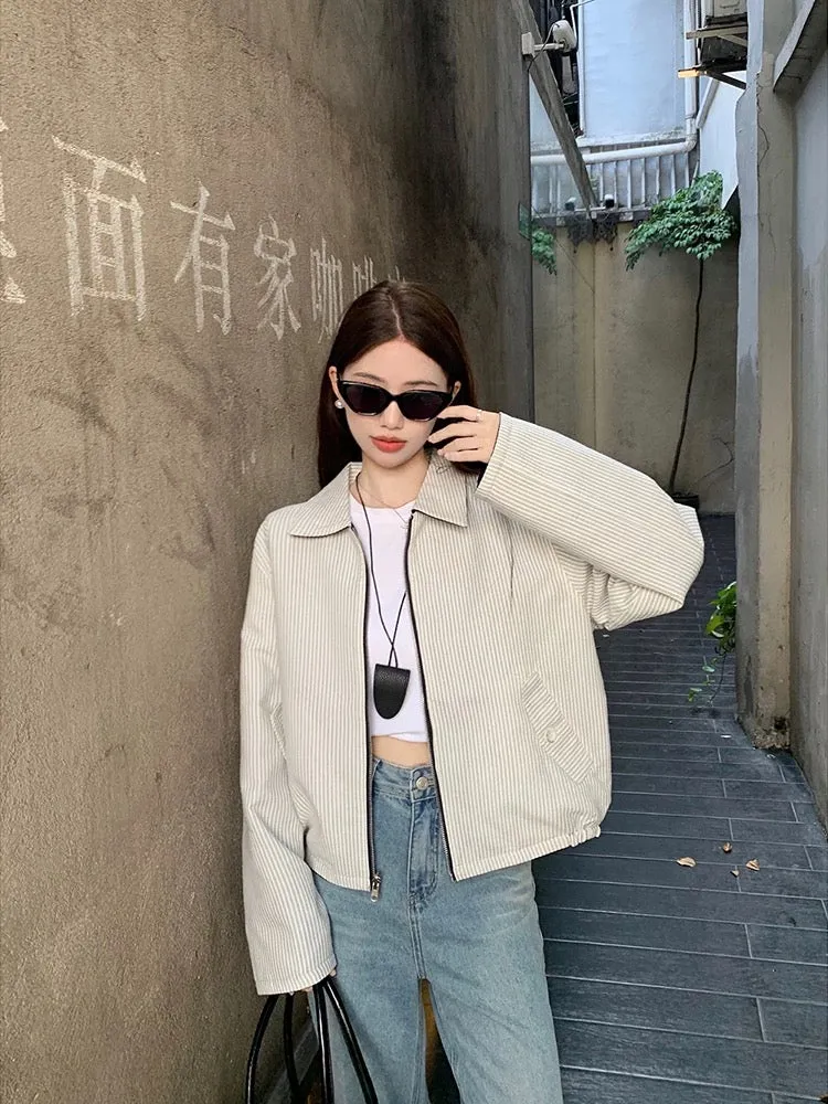 Korean double-sided retro striped long-sleeved jacket for women early autumn new niche loose jacket short baseball uniform trend