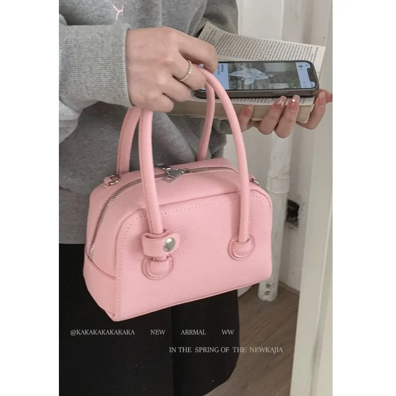 Korean portable bowling bag for women 2024 new fashionable cherry blossom pink small square bag crossbody commuter bag