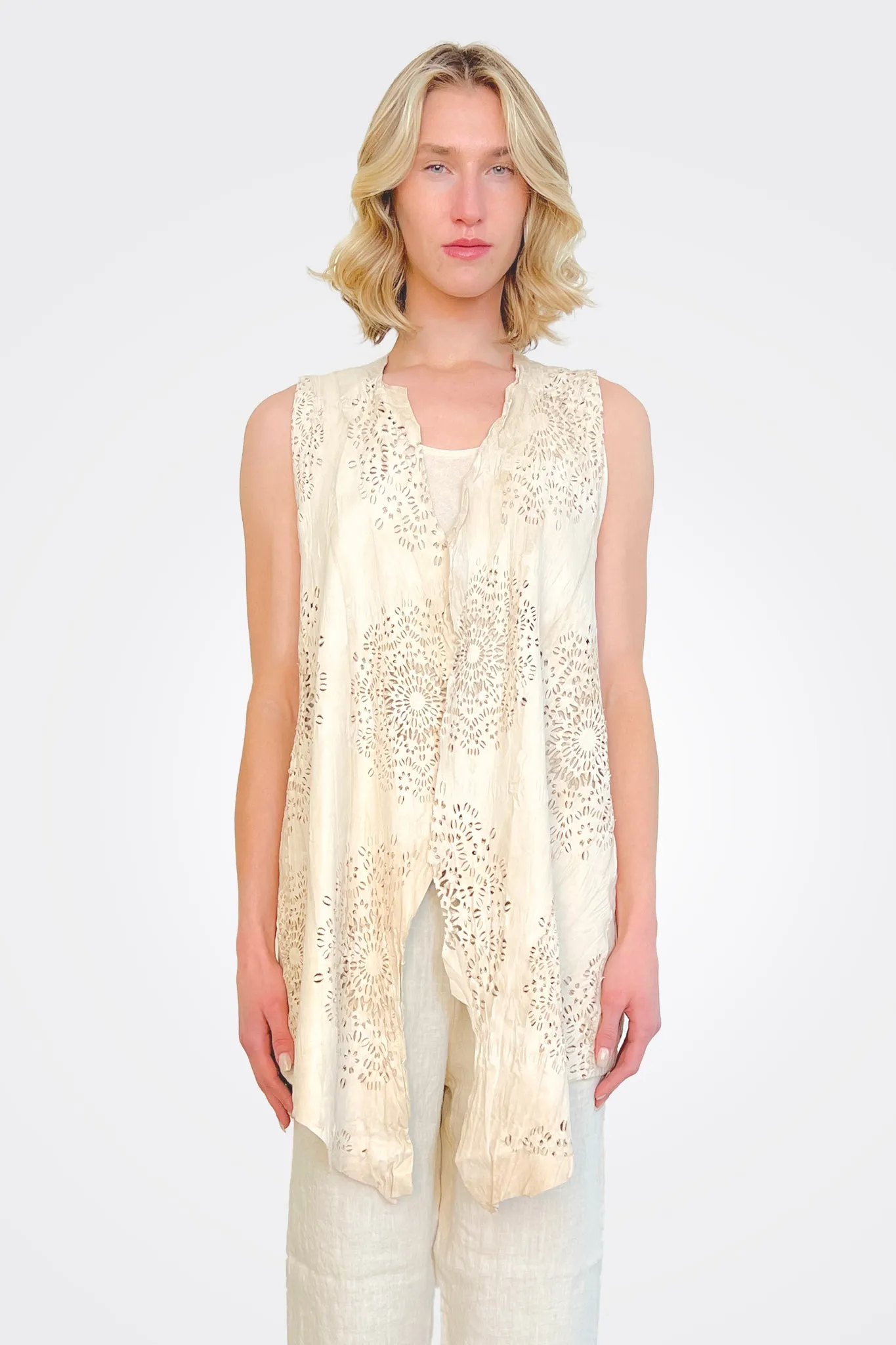 Lasercut Long Vest - Ivory