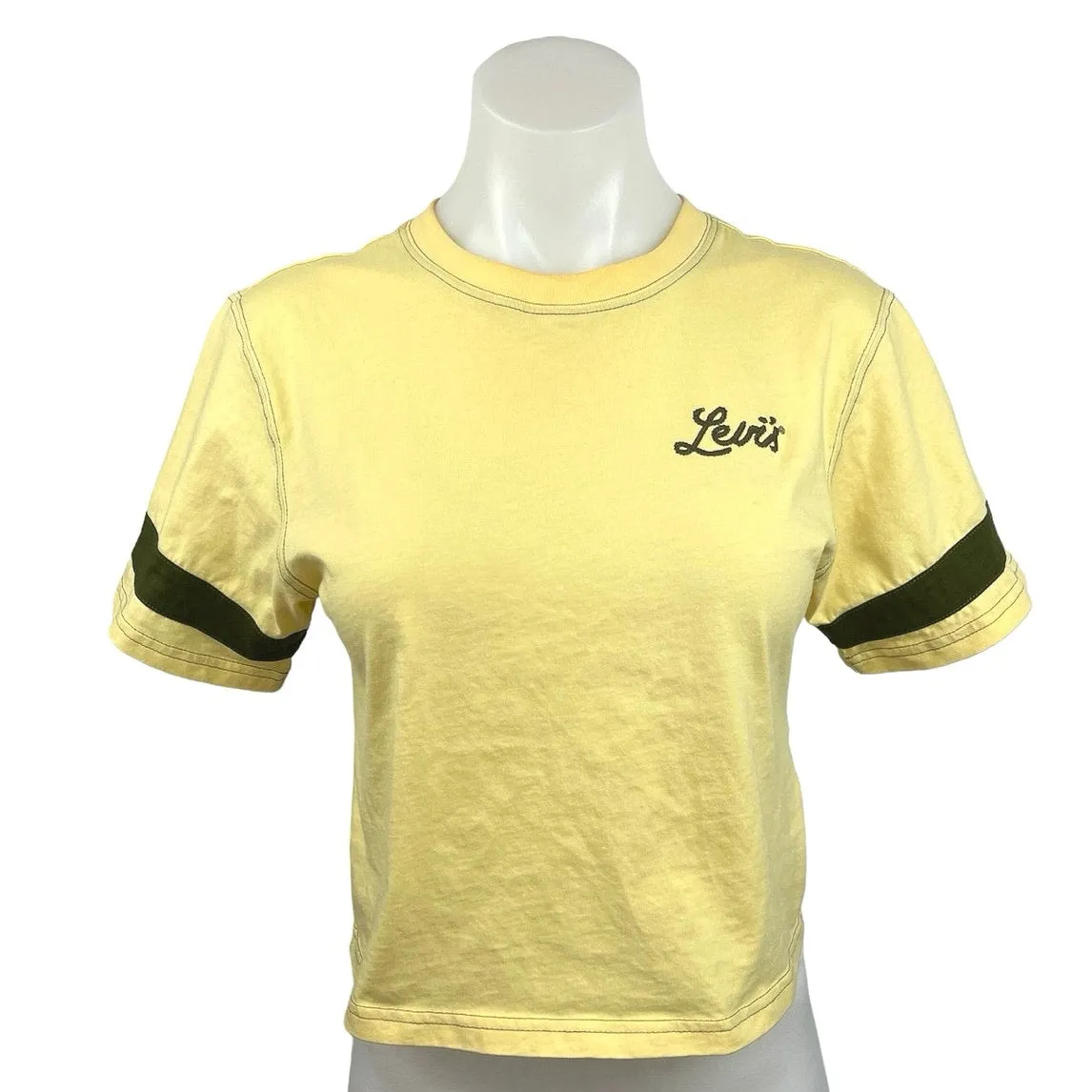 Levi's Yellow Crew Neck Short Sleeve Crop Boxy Graphic Football T-shirt Size XS