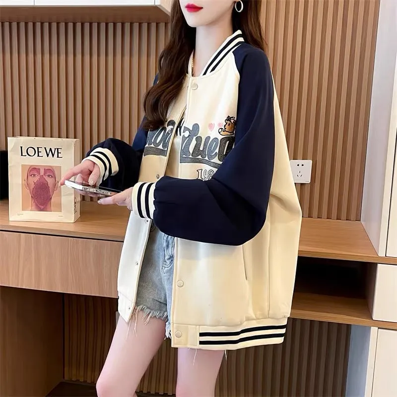 Loose and Western style age-reducing cartoon baseball uniform jacket for women 2023 new autumn casual versatile Korean cardigan 