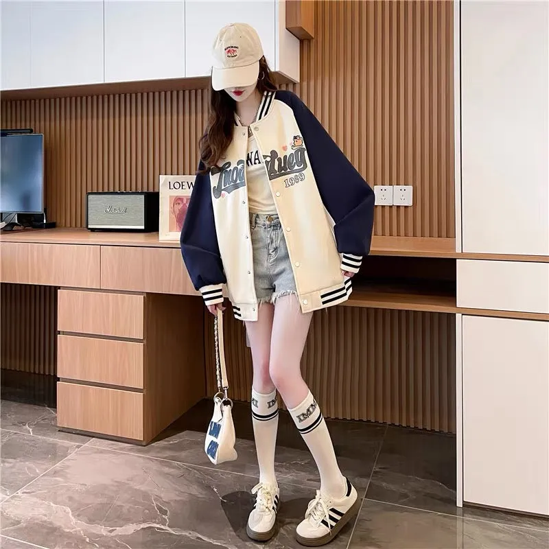 Loose and Western style age-reducing cartoon baseball uniform jacket for women 2023 new autumn casual versatile Korean cardigan 