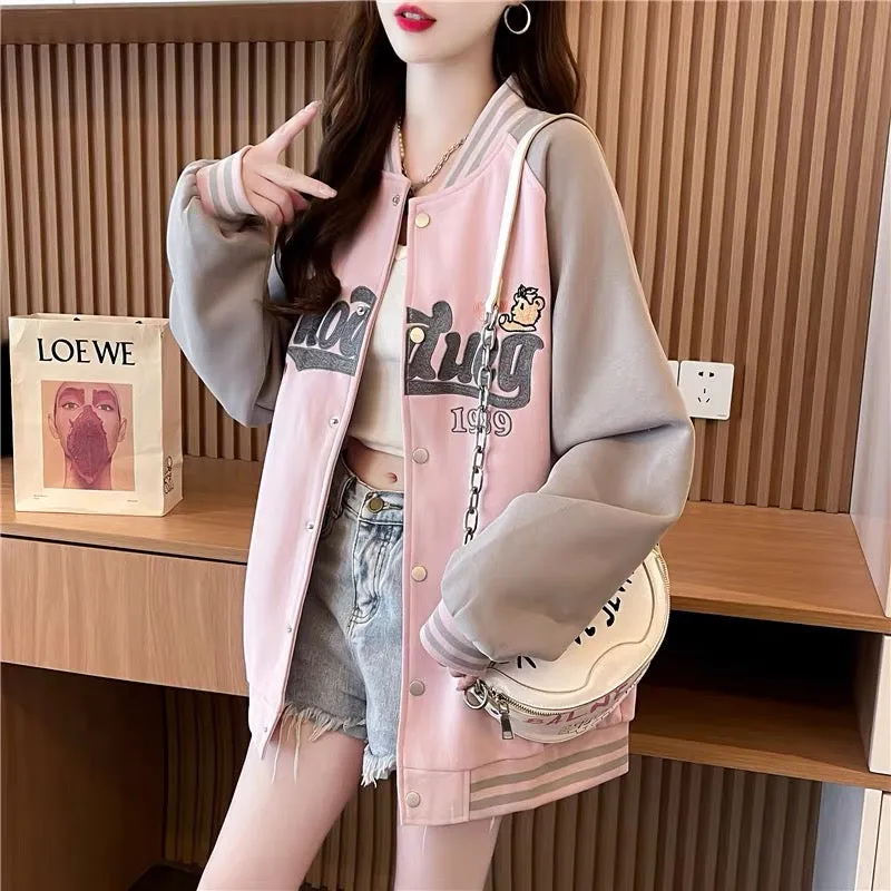 Loose and Western style age-reducing cartoon baseball uniform jacket for women 2023 new autumn casual versatile Korean cardigan 