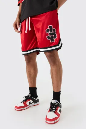 Mesh And Satin Applique Basketball Short | boohooMAN UK