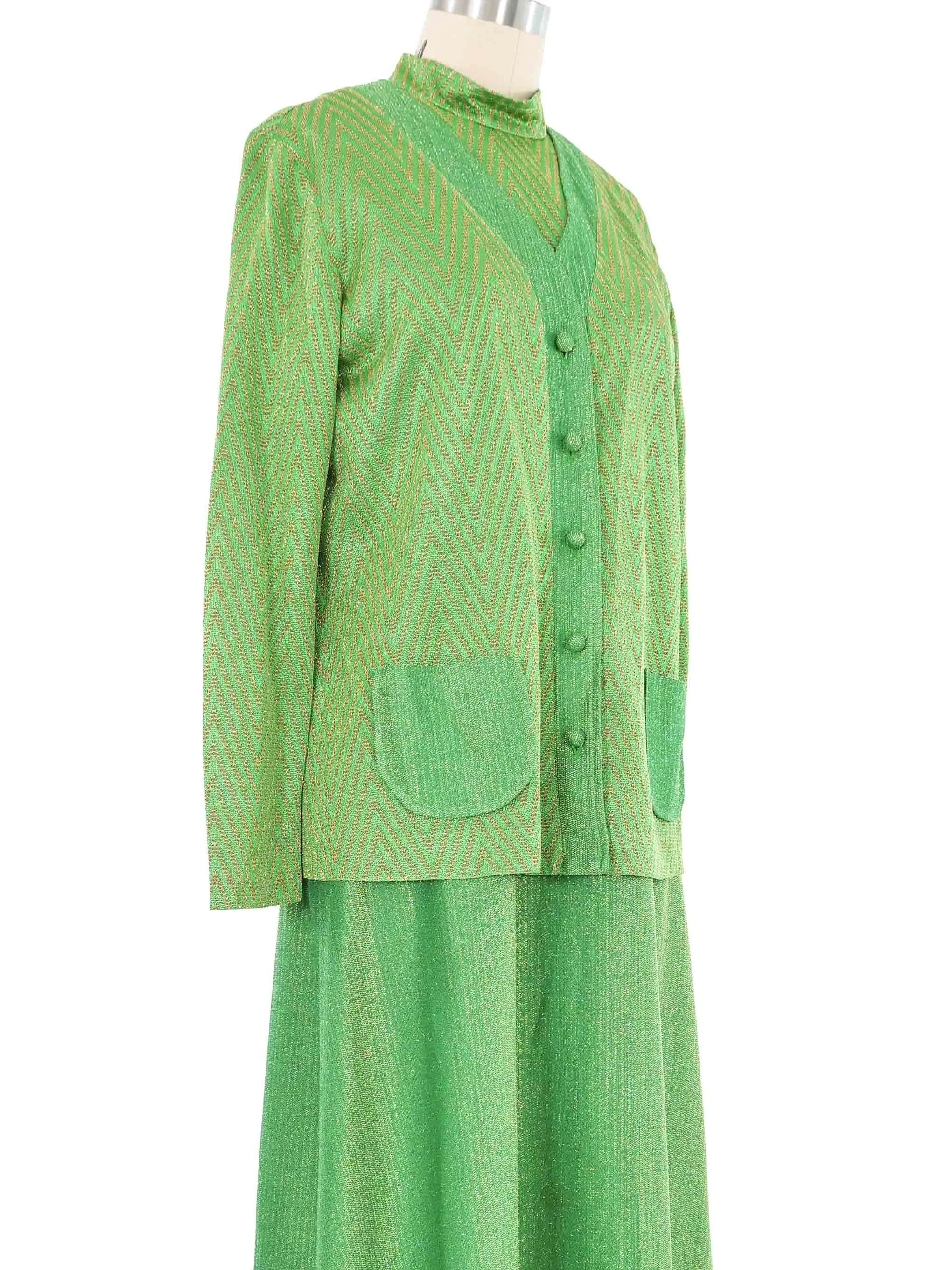 Metallic Kelly Green Maxi Dress Cardigan Ensemble