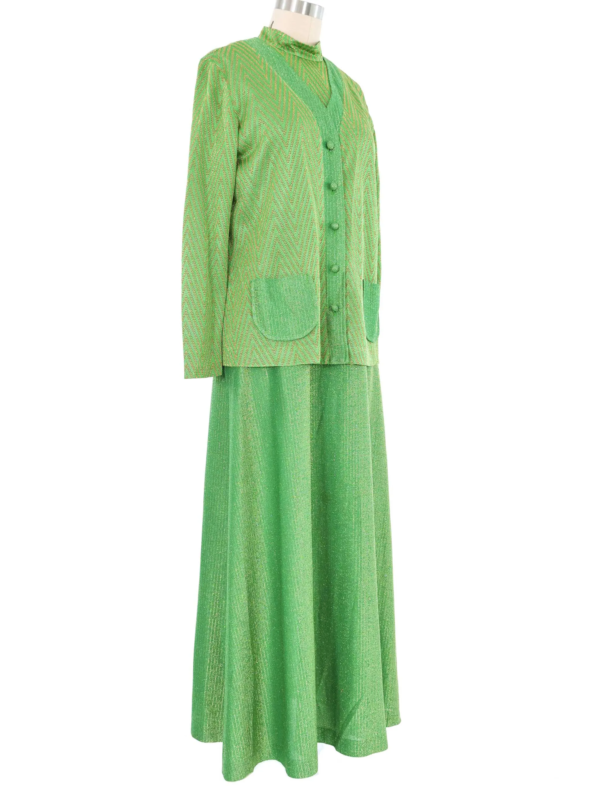 Metallic Kelly Green Maxi Dress Cardigan Ensemble