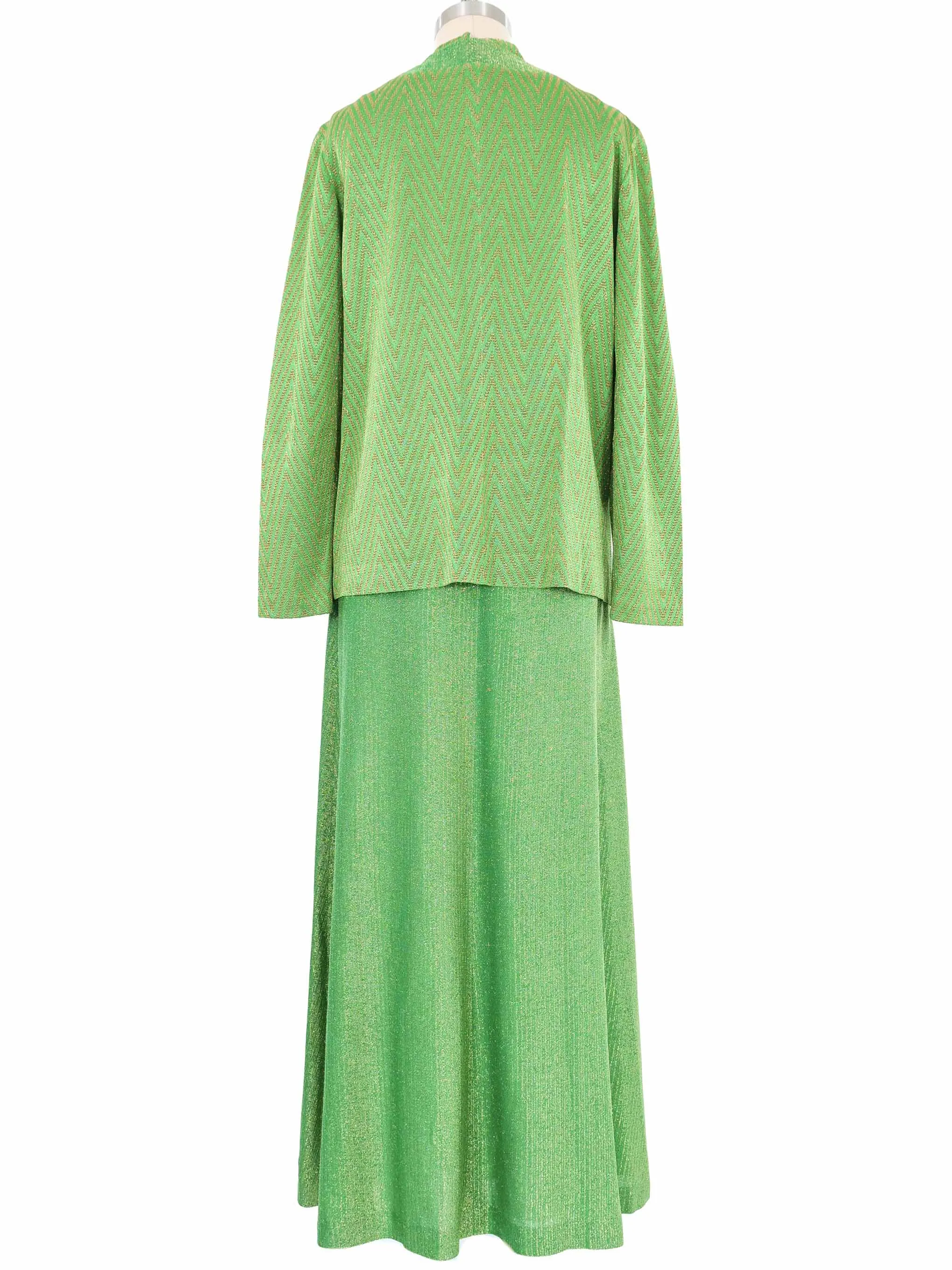 Metallic Kelly Green Maxi Dress Cardigan Ensemble